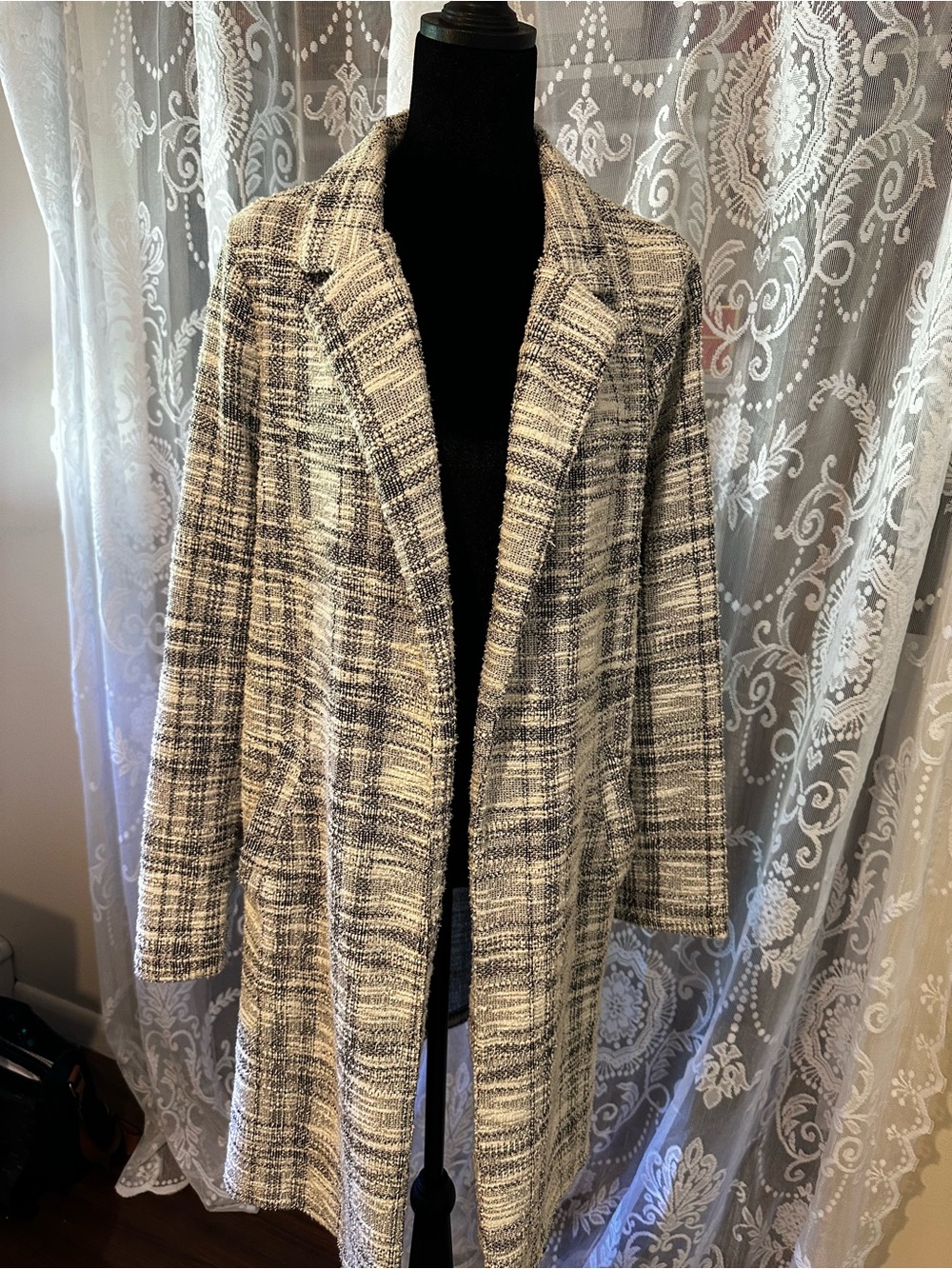MELLODAY Black & White Plaid Long Open-Front Trench Coatigan